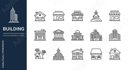 Collection of Building Icons Architectural Styles, Residential and Commercial Structures, and Places of Worship