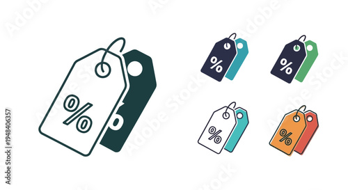 Discount tags with percentage signs, representing sales and special offers on a white background, alongside colorful variations