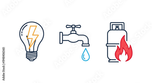 Icons representing electricity, water, and gas, symbolizing utility services and essential resources for home and industry