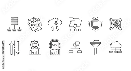 Essential set of line icons depicting cloud computing, data management, server infrastructure, and network technology for digital systems and modern projects
