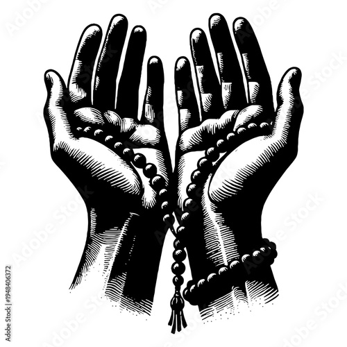 Black and White Illustration of Hands Holding Prayer Beads
