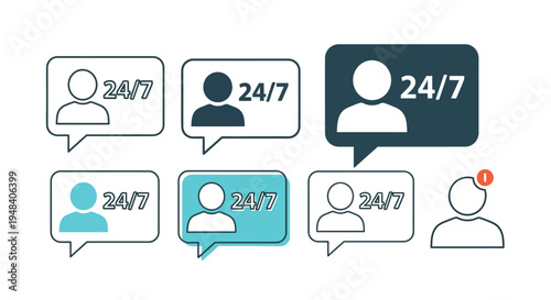 Comprehensive 24/7 online customer support service icon set, symbolizing constant availability, global assistance, and continuous communication