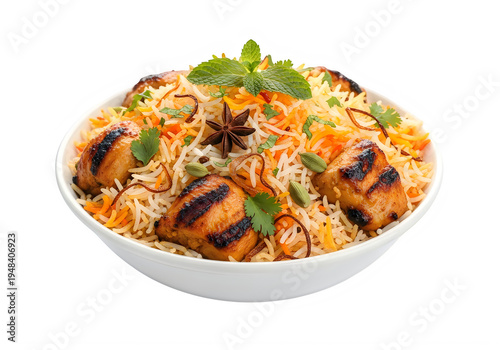 A delicious bowl of aromatic chicken biryani garnished with fresh mint and toasted whole spices isolated on transparent background