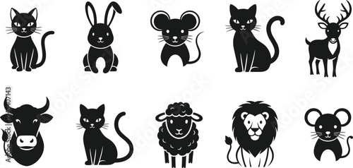 Black and white animal silhouettes on white background