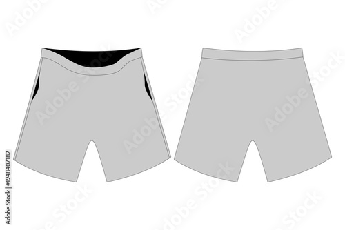 Athletic shorts front and back view blank grey vector mockup template for tech packs, print on demand, and custom apparel design.