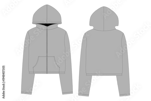 Cropped zip-up hoodie front and back view flat sketch vector mockup for fashion design and merchandise template.