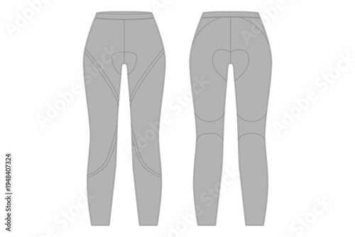 Cycling tights front and back view technical flat sketch, vector blank compression leggings mockup template for tech pack and activewear apparel design.