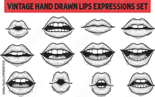Set of vintage hand-drawn lip expressions in different moods