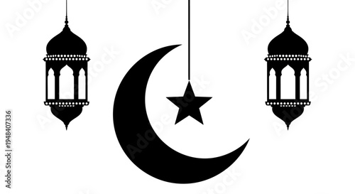 Black silhouette of crescent moon and star hangs with lanterns