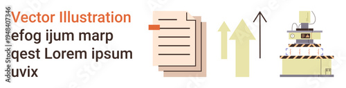 Workflow automation, file organization, industrial processes, progress tracking, data flow, efficiency. documents, progress arrows and a machine. Workflow automation and file organization concept