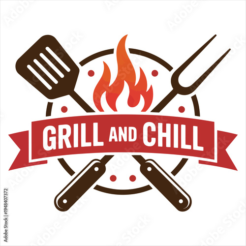 Grill and Chill logo with flames spatula and fork barbecue