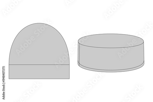 Brimless docker cap and skull cap front and 3D perspective views flat vector mockup template for technical fashion drawing and streetwear apparel design.