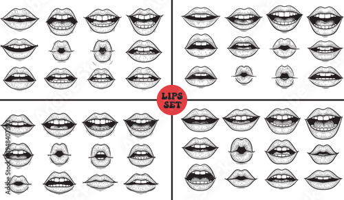 Vintage Hand Drawn Lips Expressions Collection Set ,Extensive Hand-Drawn Collection of Detailed Human Lip Illustrations and Mouth Expressions