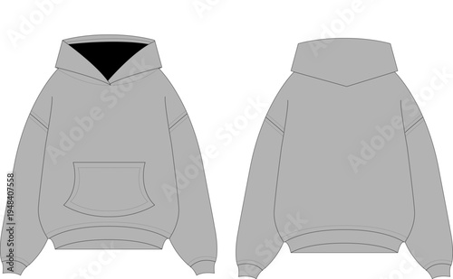 Oversized hoodie vector mockup front and back view, blank technical flat sketch template for streetwear fashion design and print on demand merchandise.
