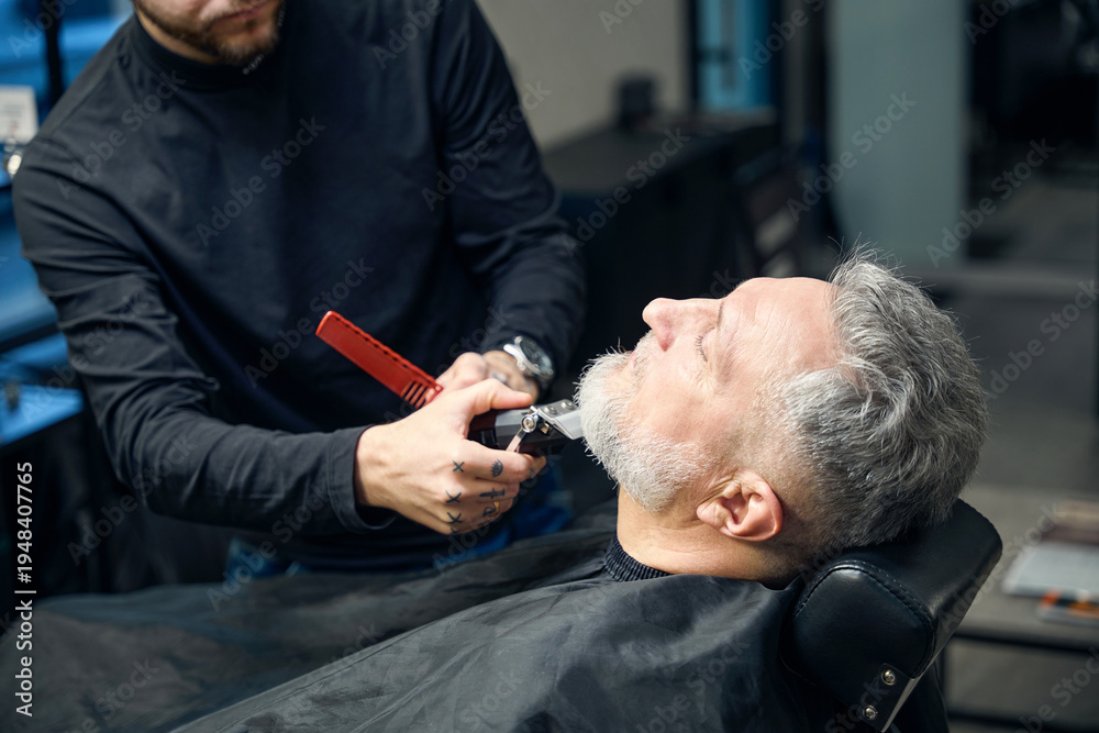 Fototapeta premium Professional barber, carefully trimming the beard of man in barber shop