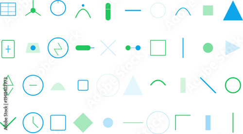 Modern Flat Graphic Design Elements Collection: Abstract Geometric Shapes, Icons, and Minimalist UI Symbols.