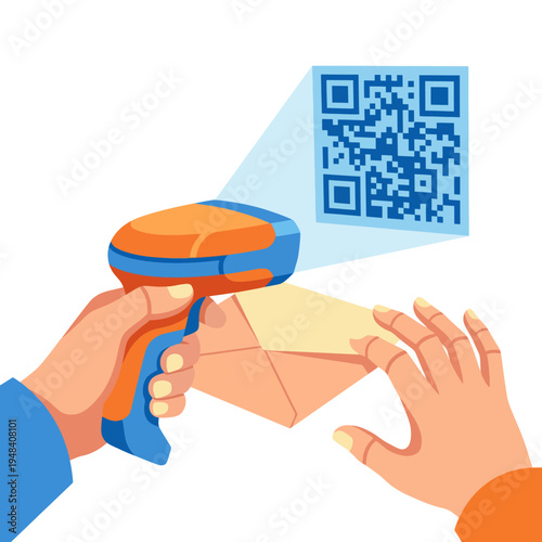 An engaging illustration showing hands scanning a QR code with a scanner, symbolizing modern technology's role in communication and interaction in everyday life.