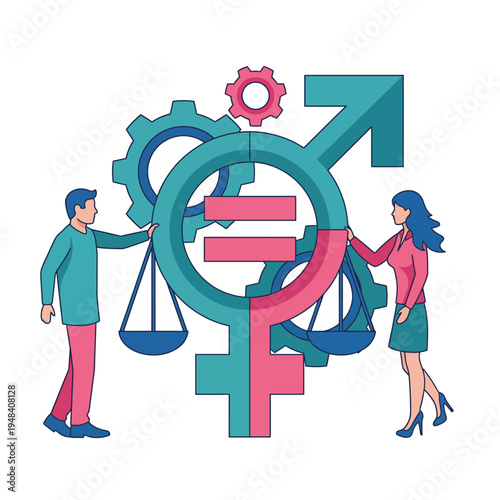 Displaying gender equality through symbols of balance and gears showcases collaboration between genders and the pursuit of equality, highlighting social justice and empowerment.