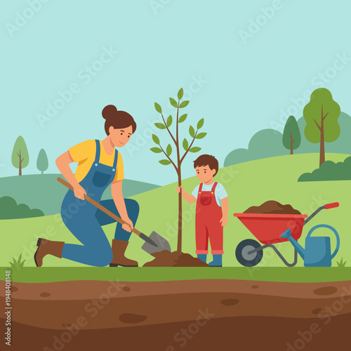 A heartwarming scene of a mother and child planting a young tree, signifying hope, nurturing, and the importance of environmental stewardship in a beautiful landscape.