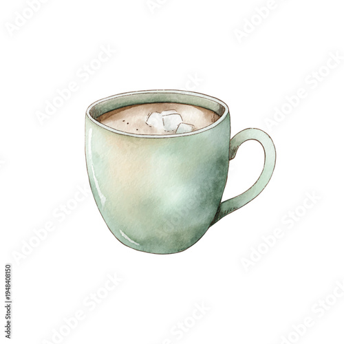 Watercolor vector illustration hot coffee with marshmallows served in a cup, white background