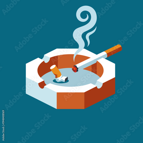 This striking image displays a cigarette resting in an ashtray, with smoke rising, symbolizing the negative health impacts of smoking and the habit's persistence in society.
