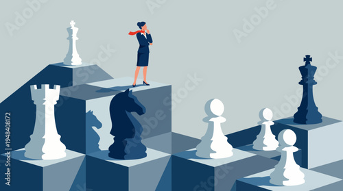 A woman stands pensively on a stylized chessboard representing decision-making in life, conveying the importance of strategy, planning, and the complexity of choices in life.