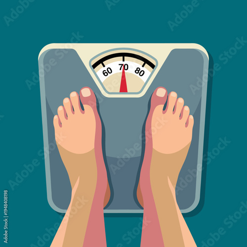 A pair of feet stands on a scale, indicating a weight measurement, reflecting a moment of self-assessment and healthy living. The background is a calming shade of blue.