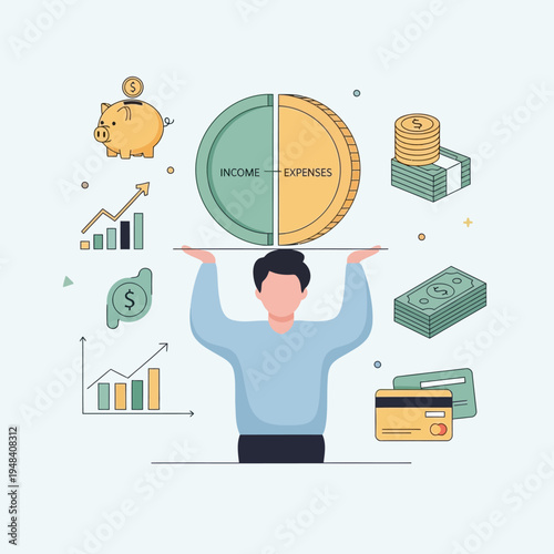 Man holding income and expenses balance.