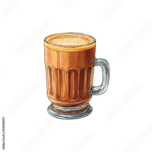 Watercolor vector illustration cced cappuccino with lots of cream in the glass, white background
