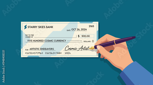 A whimsical check for 500 cosmic currency highlights a playful financial concept in an artistic context, showcasing creativity, imagination, and the uniqueness of funding artistic endeavors.