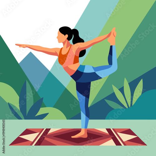 A peaceful yoga pose set against a stunning mountain backdrop, embodying tranquility and wellness, ideal for promoting mindfulness and connection to nature in fitness practices.