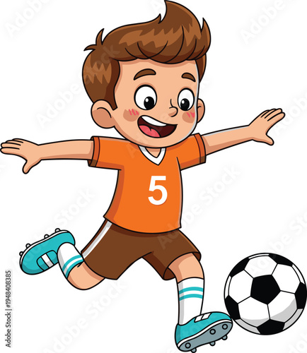 Cute little boy playing soccer kicking a ball wearing orange jersey number five, cartoon child athlete vector illustration, white background.