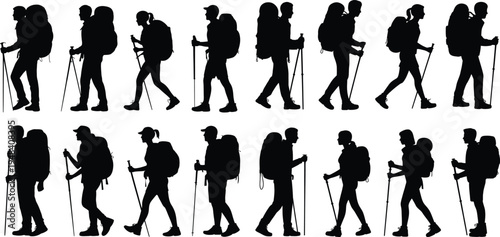 Silhouettes of sixteen hikers with backpacks and trekking poles