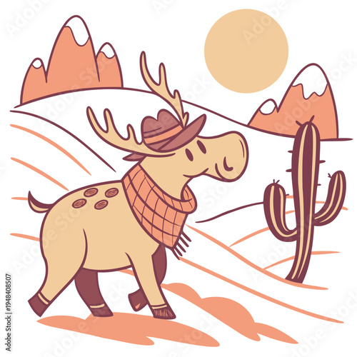 An adorable Moose with a Playful vibe, with a scarf, and a Sundown Glow Desert sunset theme – SVG style