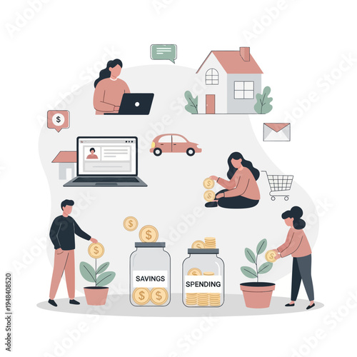 People saving and spending money.