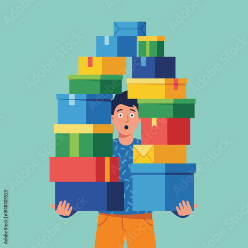 An illustration of a stressed individual struggling to carry a towering pile of colorful boxes, representing modern consumerism, choices, and the pressures of daily life.