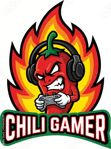 An energetic and vibrant logo of a chili pepper character representing a gamer, designed to signify excitement and passion for video gaming with a fun and fiery theme.