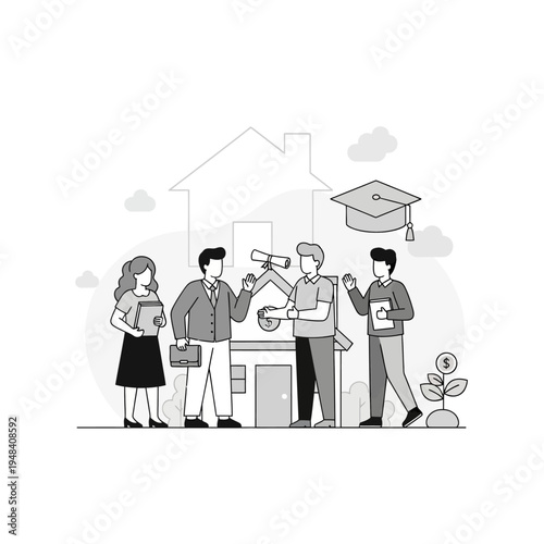 People standing and talking outside house.