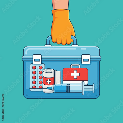A bright illustration depicting a medical kit filled with essential healthcare items, symbolizing readiness and support for health concerns in a modern and stylized manner.