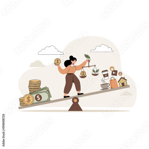 Woman balancing money and household items.