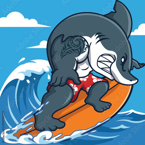 A playful shark character in swim shorts rides a vibrant wave on a surfboard, embodying the fun and excitement of surfing and ocean culture in a whimsical style.