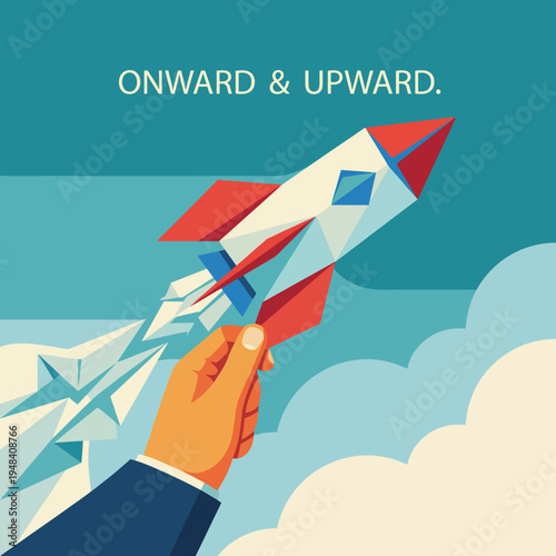 A cartoon-style image of a hand launching a vibrant rocket symbolizes ambition and the journey towards success and growth. It conveys a sense of positivity and aspiration.