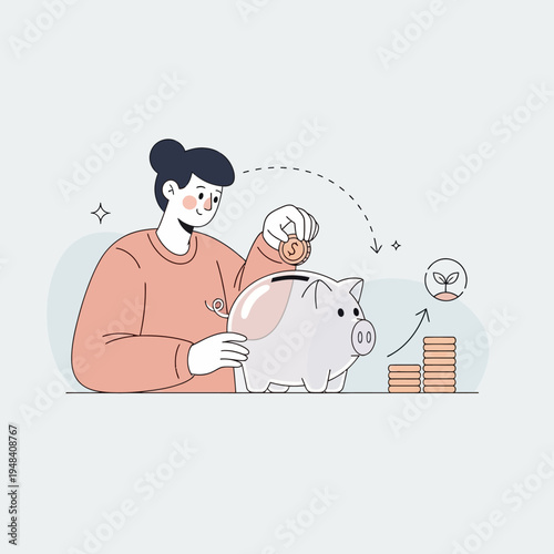 Woman Holding Piggy Bank With Child.