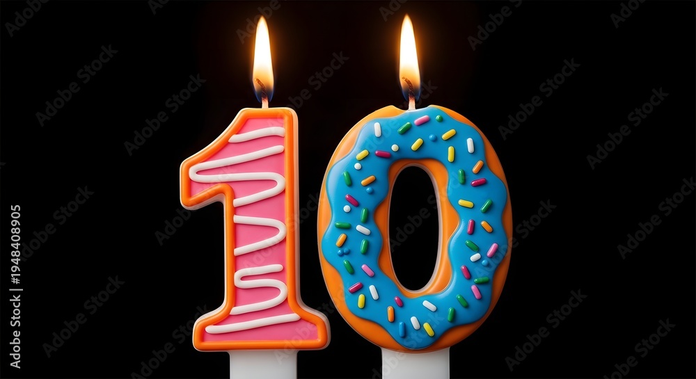 Fototapeta premium Birthday candles shaped like the number 10 with flames burning brightly on top against a dark background for a celebration