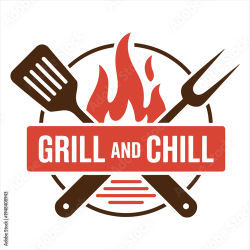 Grill and Chill logo with flames spatula and fork barbecue