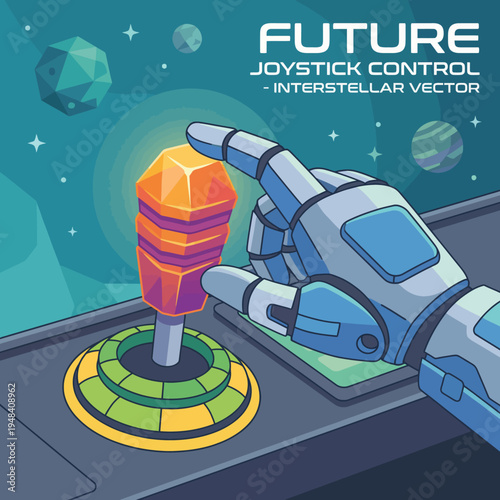 A detailed illustration of a robotic hand maneuvering a vibrant joystick, representing the blend of technology and space exploration in a futuristic setting.