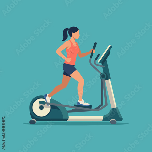 The image portrays a woman exercising on an elliptical trainer in a gym setting, representing fitness, health, and the commitment to an active lifestyle.
