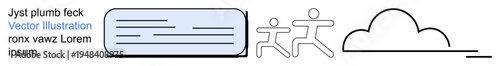 Communication, teamwork, fitness, environment, minimalism, abstract design. A text block, two running figures and a cloud outline. Communication and teamwork
