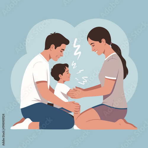 An illustration of a family sitting together, with two adults and a child engaging in a joyful conversation.