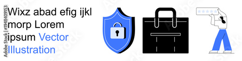 Cybersecurity, data protection, online authentication, business security, digital safety, access verification. Shield with lock, briefcase person verifying data. Cybersecurity and data protection